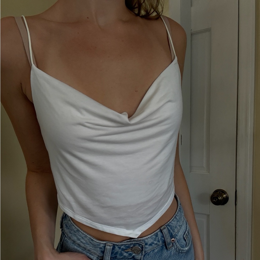 F21 White Draped Cowl Neck Spaghetti Strap Top